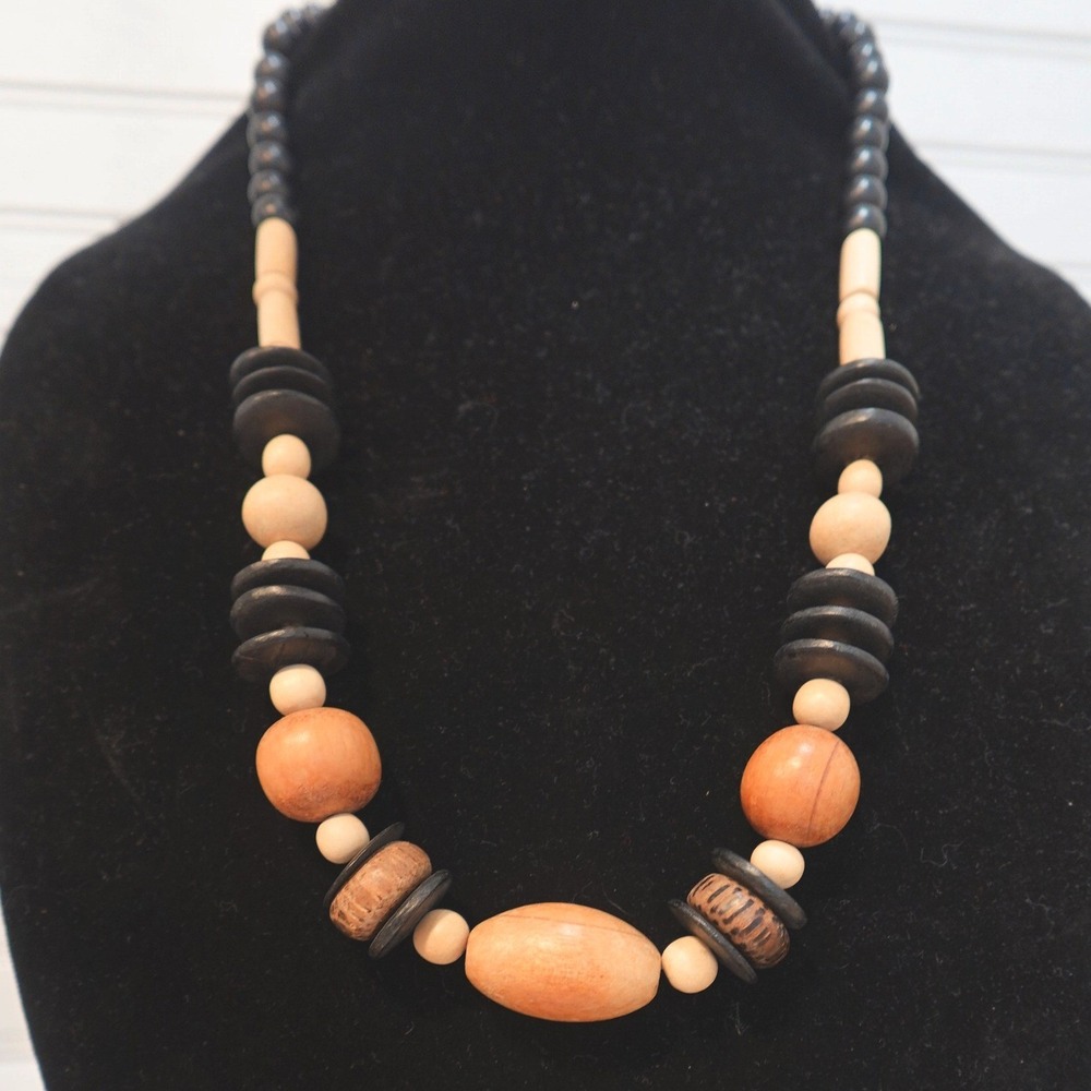 Vintage Chunky Wooden Bead Necklace Long‎ Bohemian Statement 70s 80s Jewelry